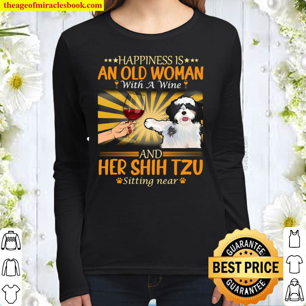 Happiness Is An Old Man With A Wine And Her Shih Tzu Sitting Near Women Long Sleeved