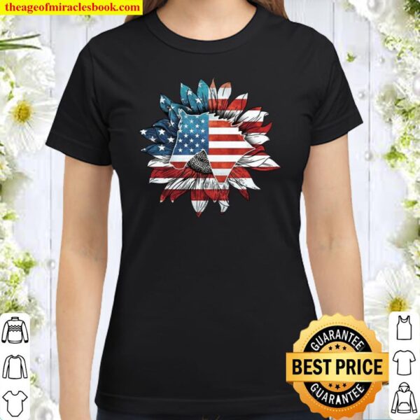 Horse Sunflower US Flag Classic Women T-Shirt