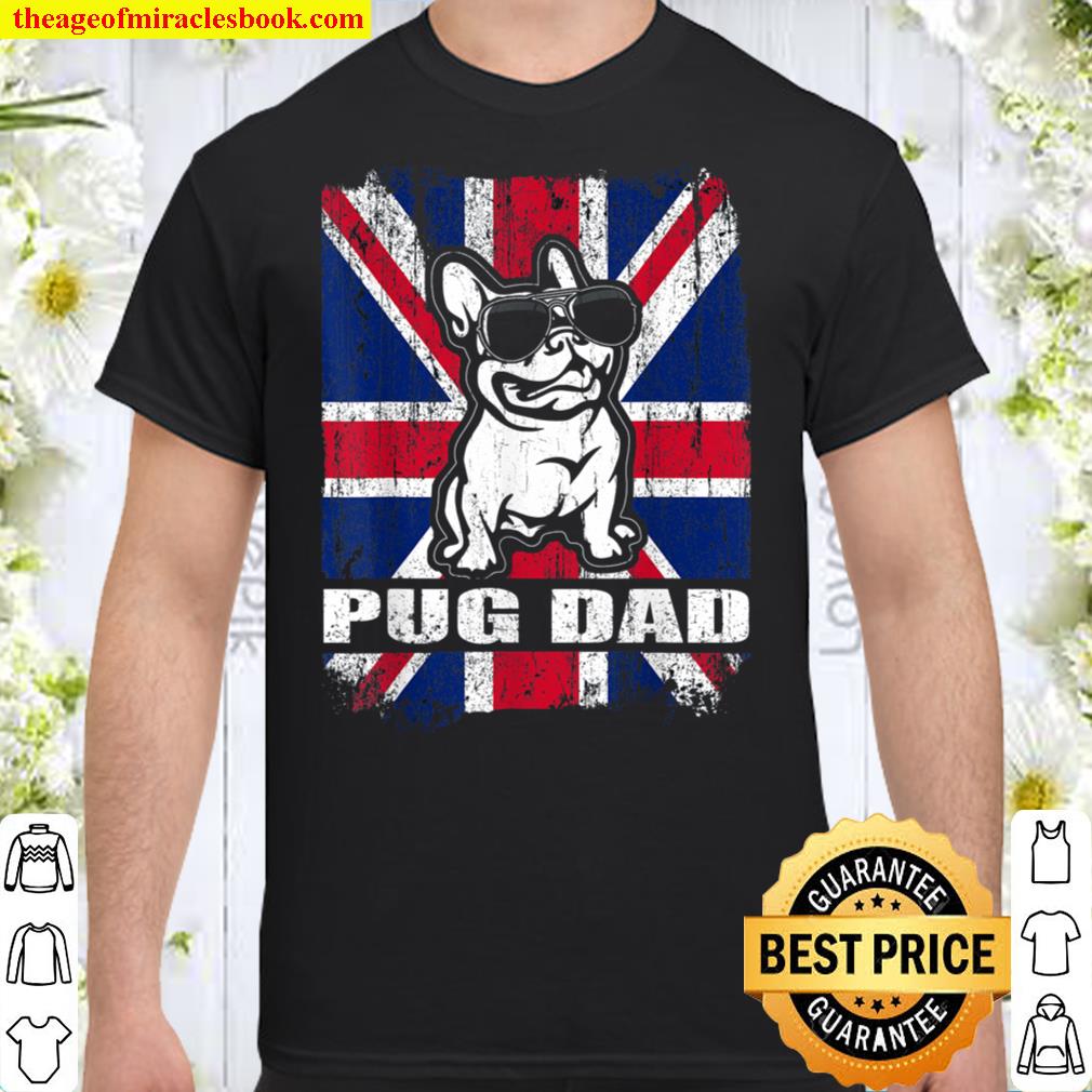 Mens Pug Dad Cool UK Flag Vintage Retro Shirt