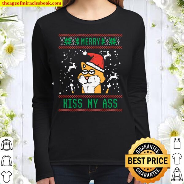 Merry Kiss My Ass Shiba Inu Dog Santa Ugly Christmas Gift Women Long Sleeved
