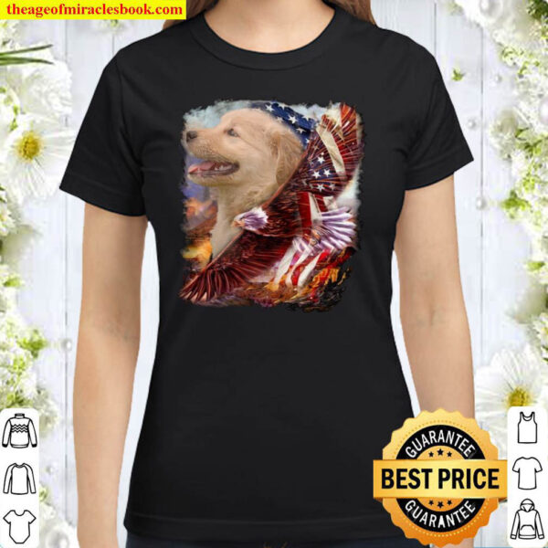 Puppy Golden Retriever Behind American Flag With Eagle Classic Women T Shirt