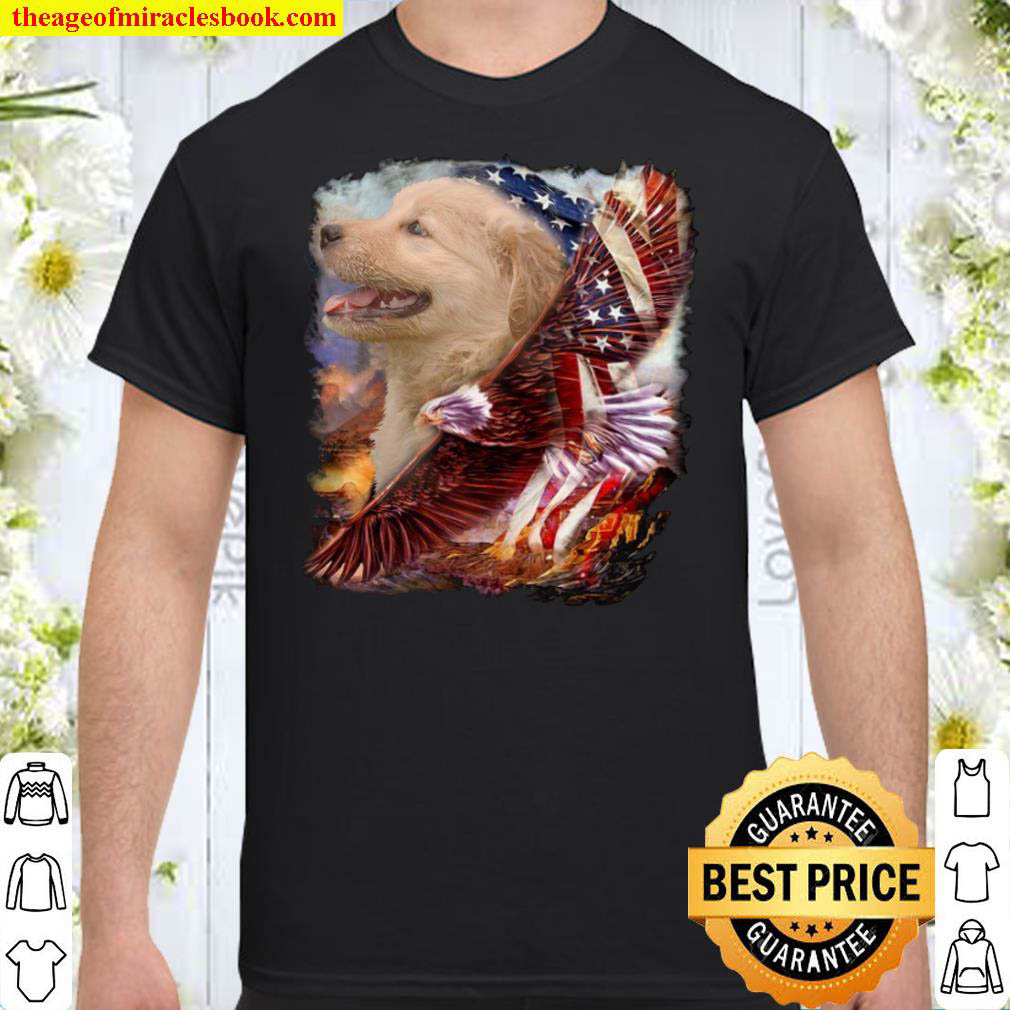 Puppy Golden Retriever Behind American Flag With Eagle Shirt