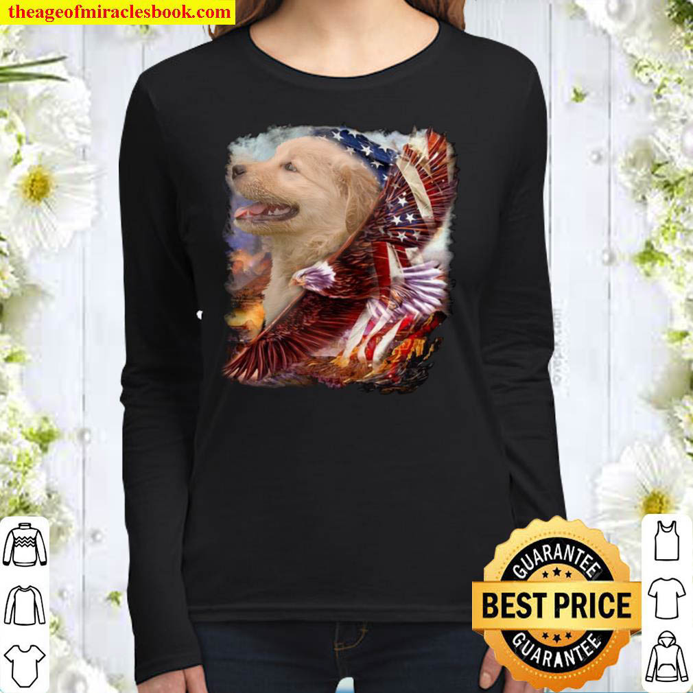 Puppy Golden Retriever Behind American Flag With Eagle Women Long Sleeved