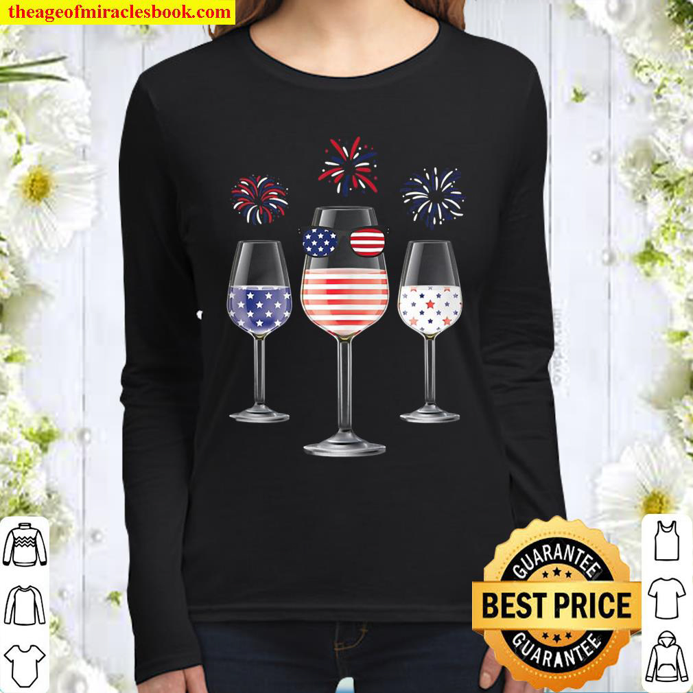 Red White Blue Wine Glasses American Flag Happy 4Th Of July Women Long Sleeved