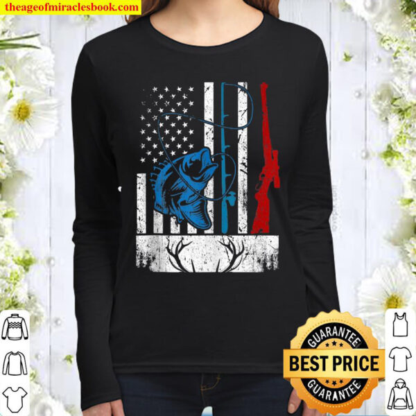 Retro Fishing And Hunting American Flag Deer Fish Lover Gift Women Long Sleeved