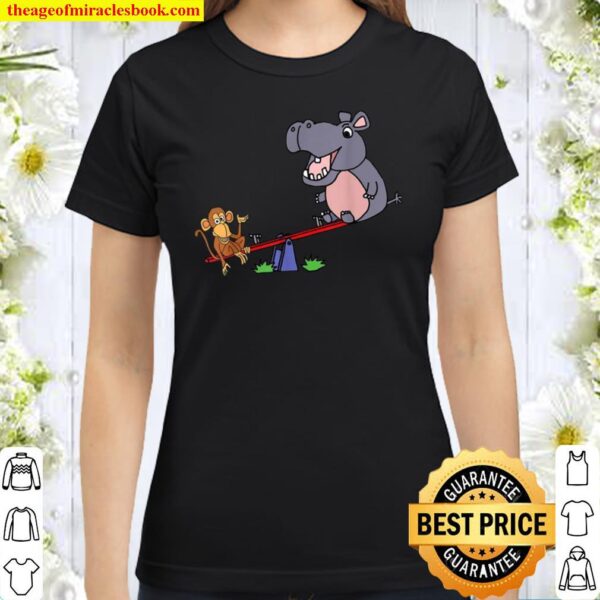Smileteesfunny Monkey and Hippo Playing Seesaw Cartoon Classic Women T-Shirt