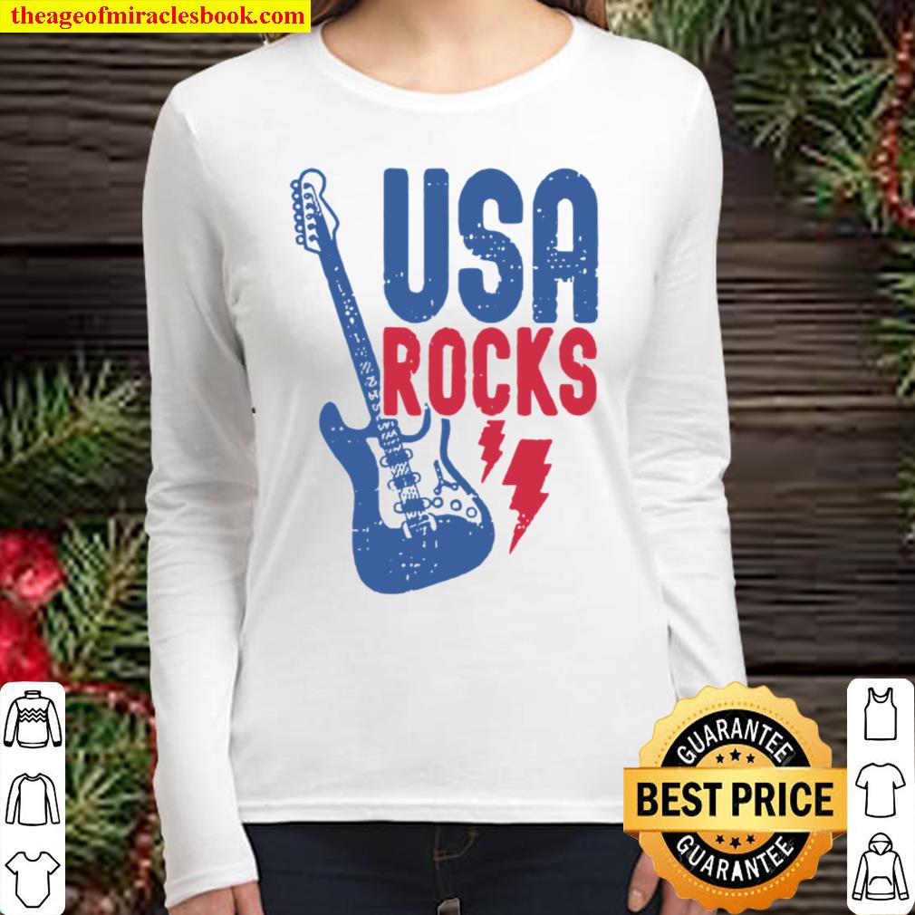 USA Rocks Red Blue Guitar Vintage Women Long Sleeved