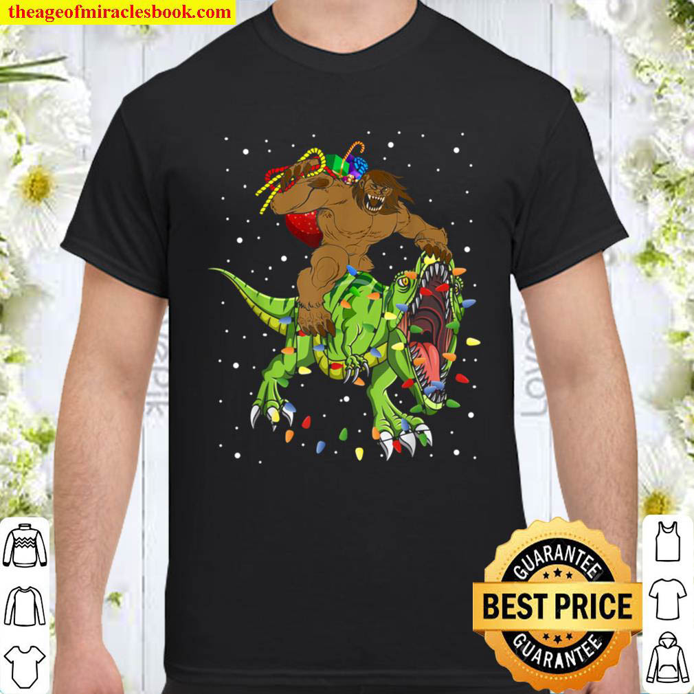 Official Bigfoot Riding Tree Rex Lights Dinosaur Christmas T-Shirt