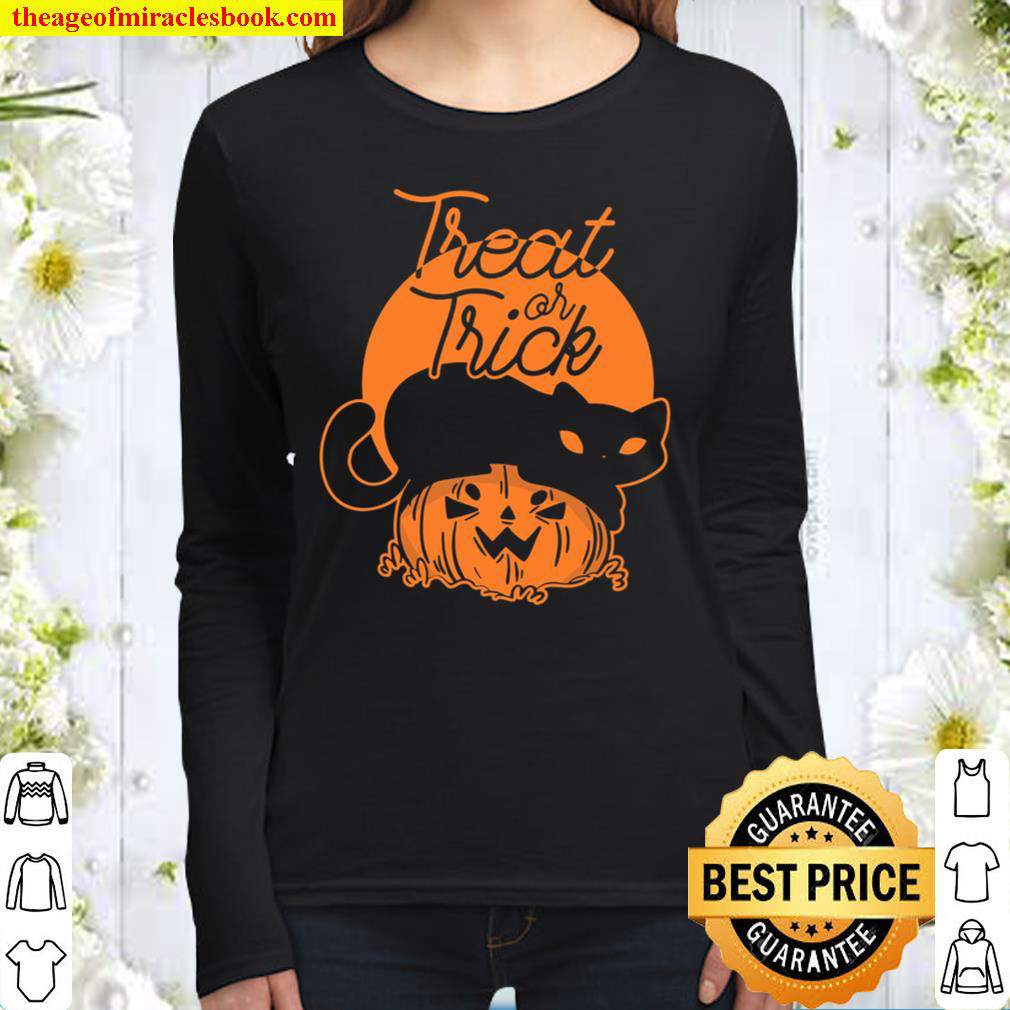 Cat Pumpkin Treat or Trick Halloween Women Long Sleeved