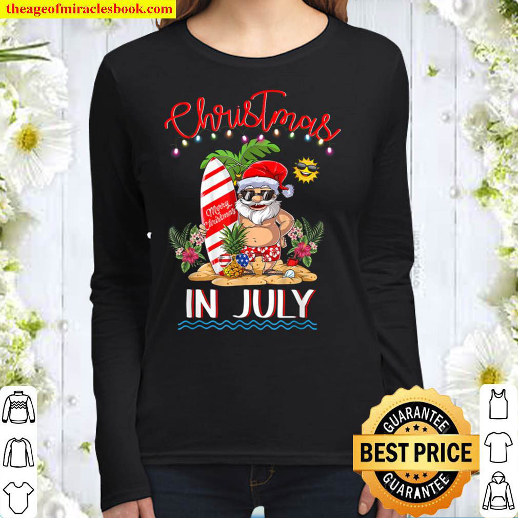 Christmas In July T Shirt Funny Santa Summer Beach Vacation Women Long Sleeved