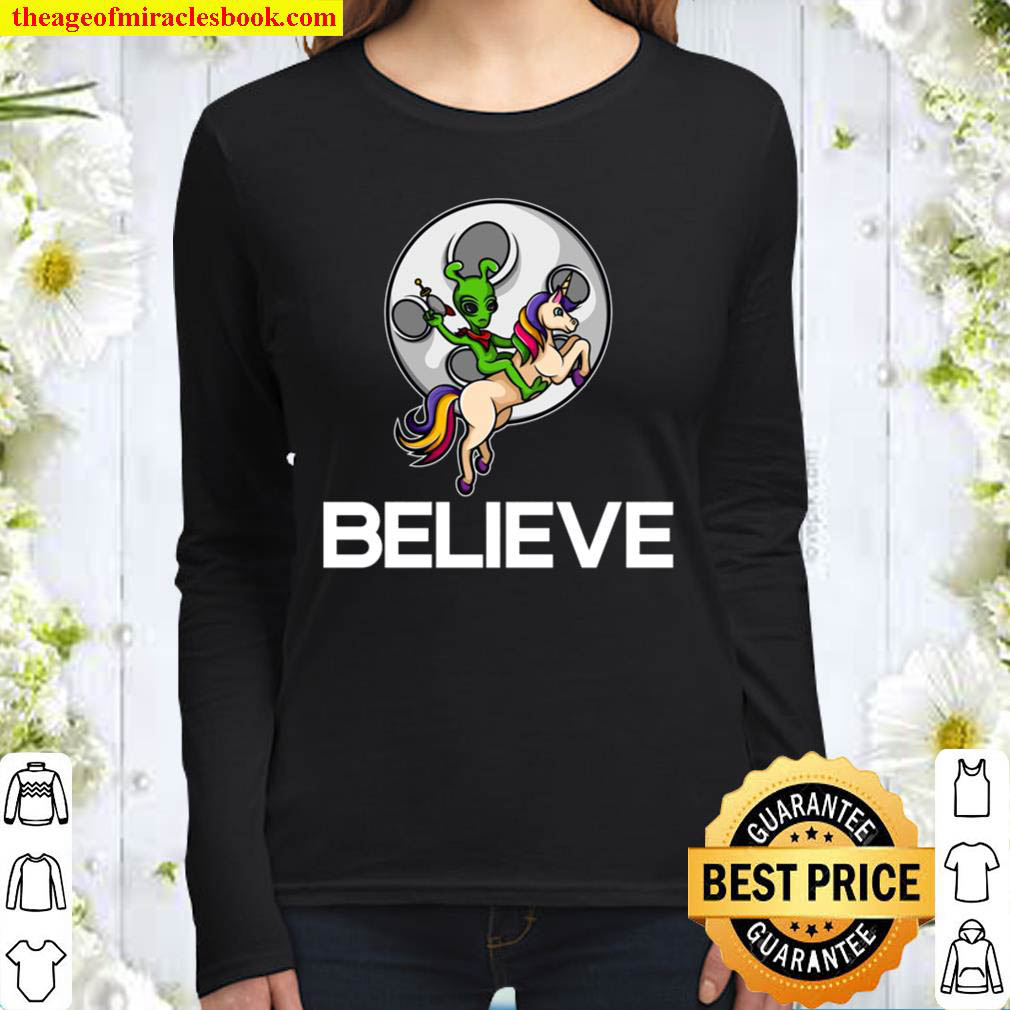 Cool Believe Funny Alien Riding Unicorn Horse Rider Gift.. Women Long Sleeved