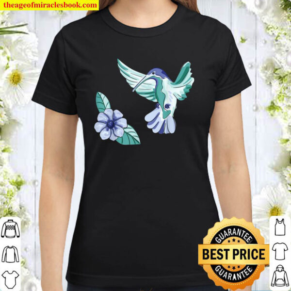 Green And Blue Hummingbird Flower Art Bird Lovers Classic Women T Shirt