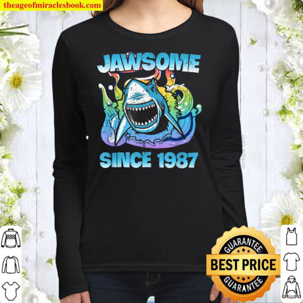 Jawsome Since 1987 Happy Shark 34 Birthday Women Long Sleeved