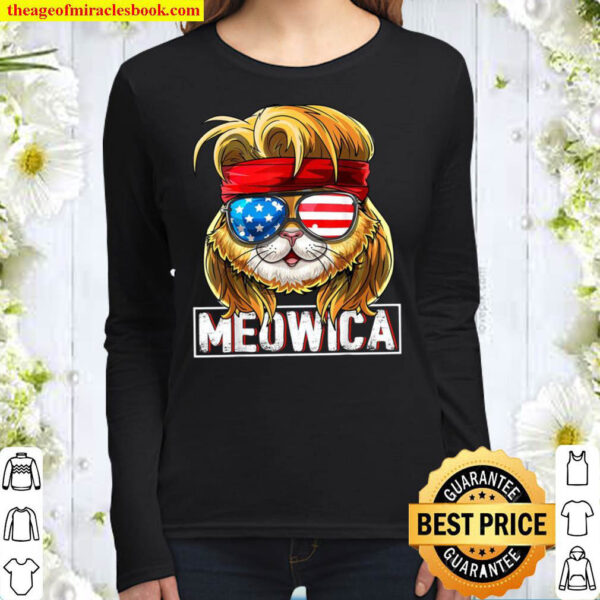 Meowica Cat Mullet American Flag Patriotic 4th of July Cat Women Long Sleeved
