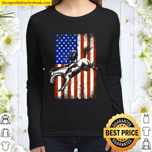 Rodeo Horse Rider Patriotic American Flag Cowboys Riding Women Long Sleeved