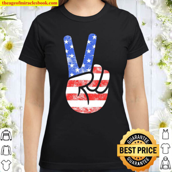 Womens American Flag Peace Sign Hand Fourth Of July Gift Classic Women T Shirt