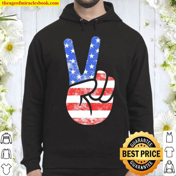 Womens American Flag Peace Sign Hand Fourth Of July Gift Hoodie