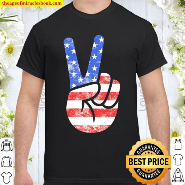Womens American Flag Peace Sign Hand Fourth Of July Gift Shirt
