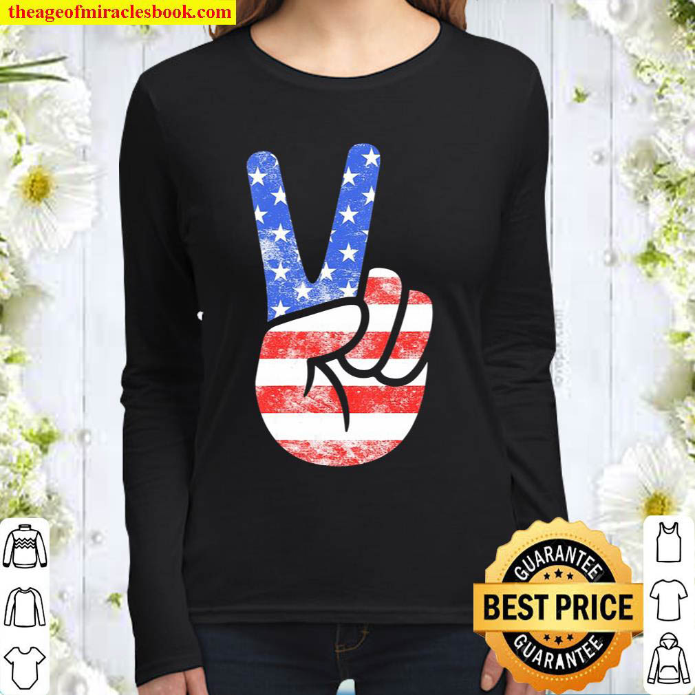 Womens American Flag Peace Sign Hand Fourth Of July Gift Women Long Sleeved