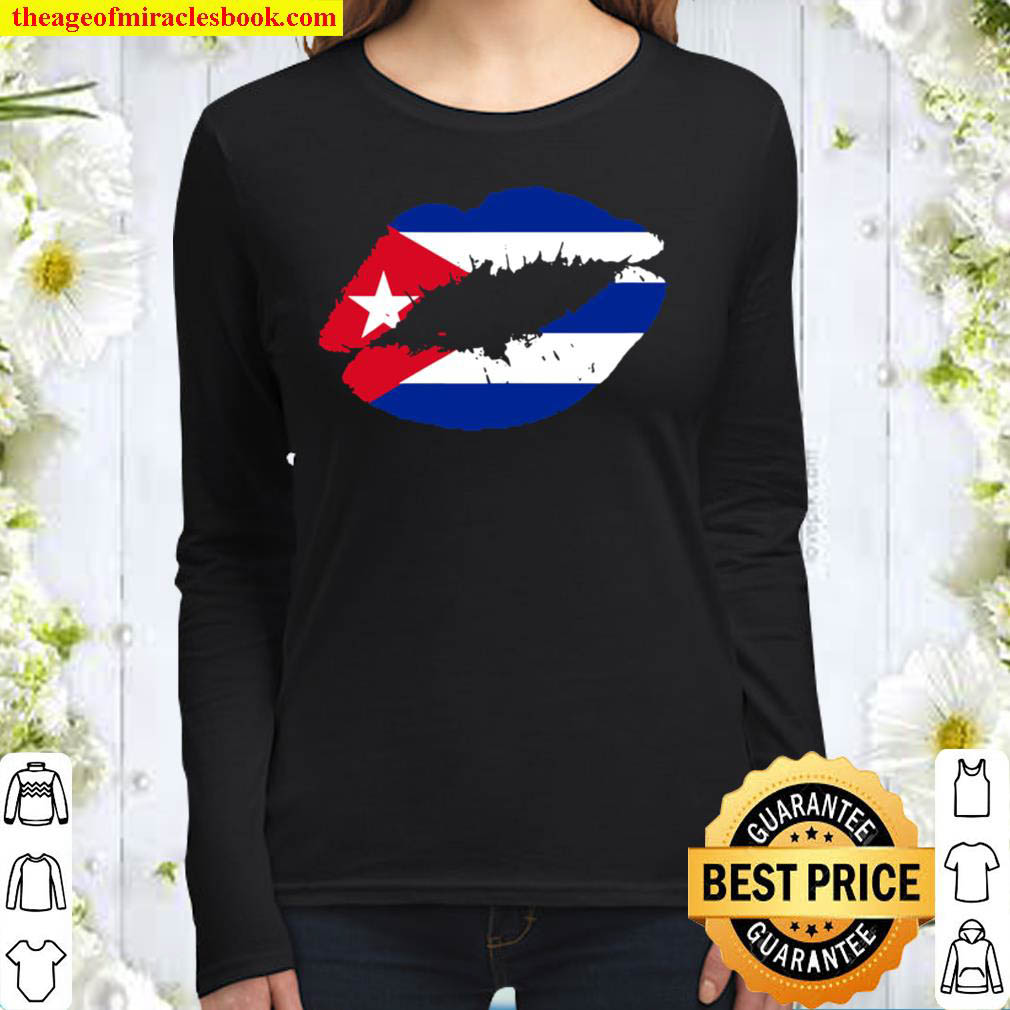 Womens Cuba Lips Kiss Cuban Flag Pride Sports Baseball Fan Gift Women Long Sleeved