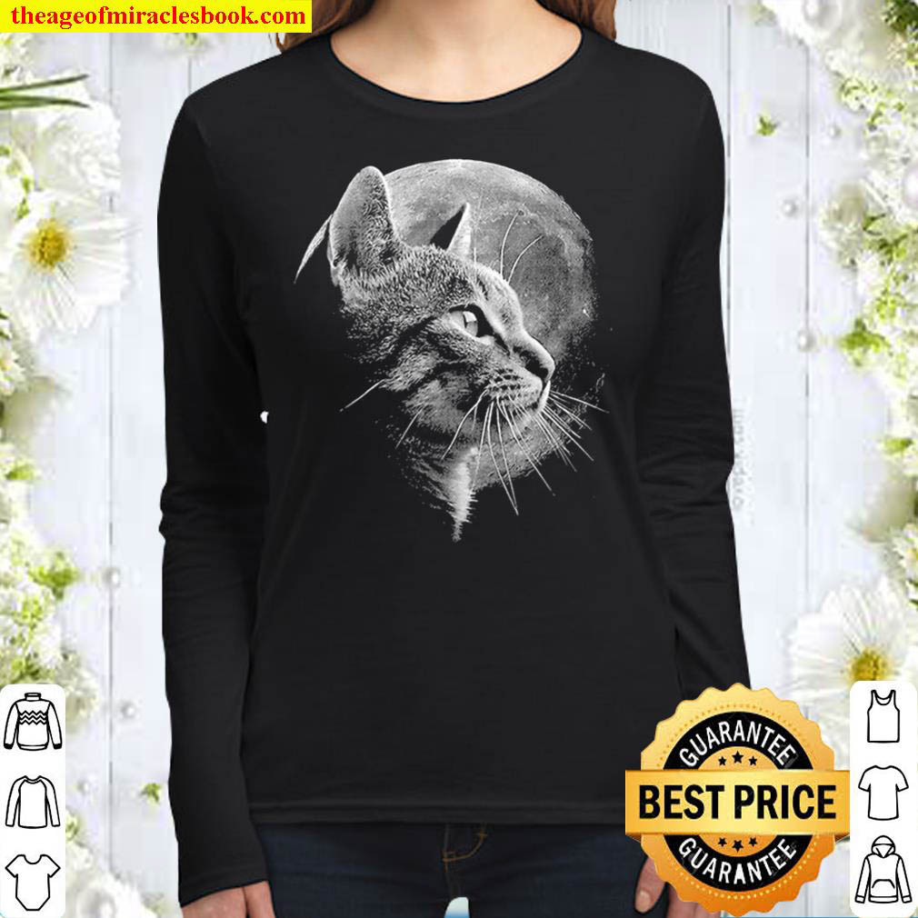 Cute Cat With Moon – Funny Cat Women Long Sleeved