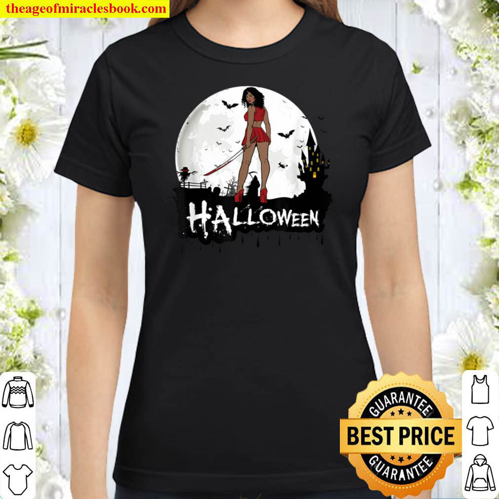 Halloween Melanin Katana Sista Bats Reaper Scarecrow Costume Classic Women T Shirt
