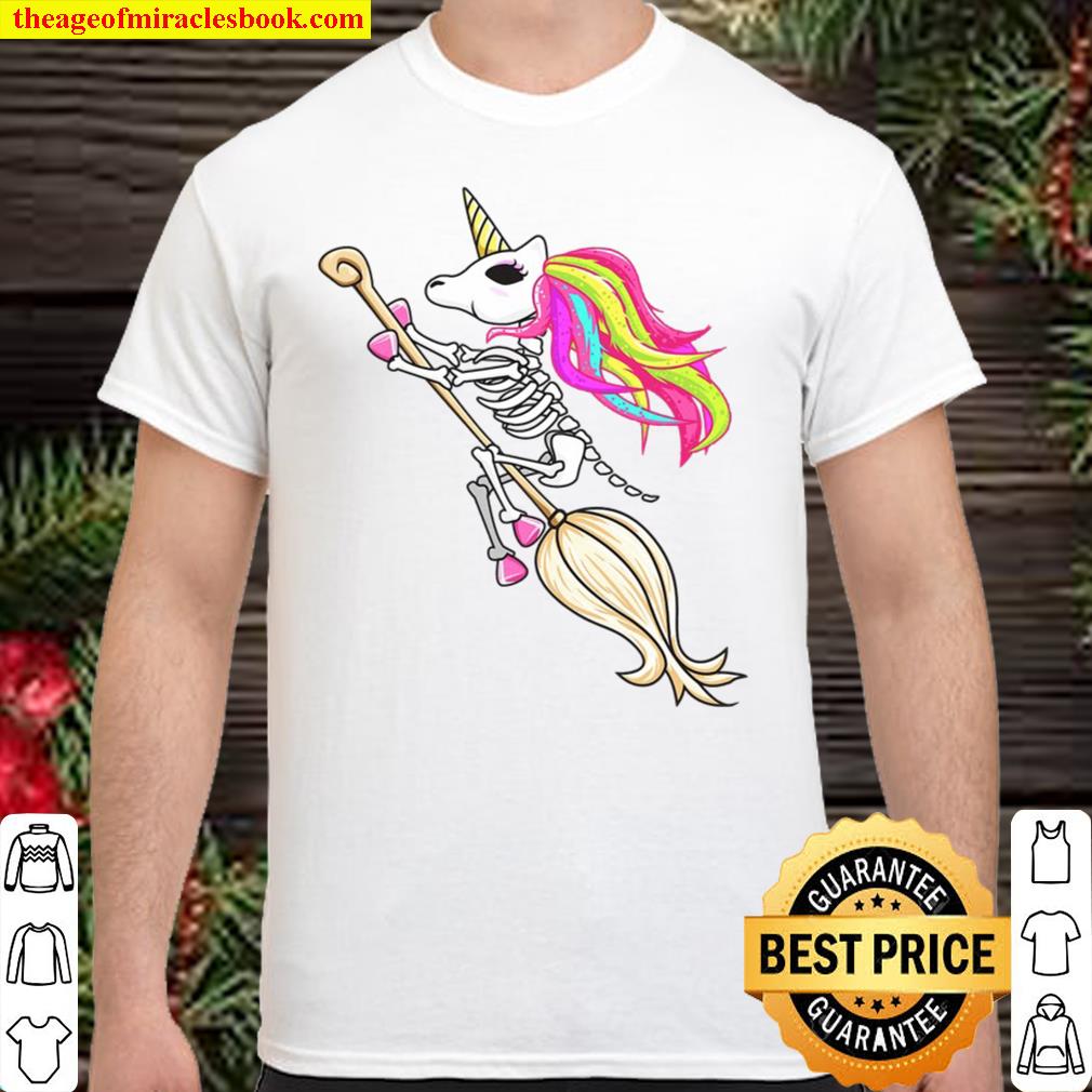 Funny Halloween unicorn costume skeleton on the broom girl shirt