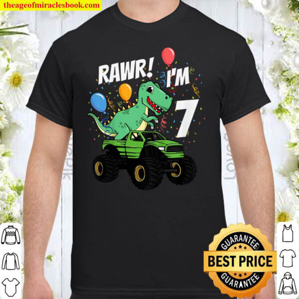 Kids 7. Seventh Birthday Dinosaur Dino Riding Monster Truck Shirt