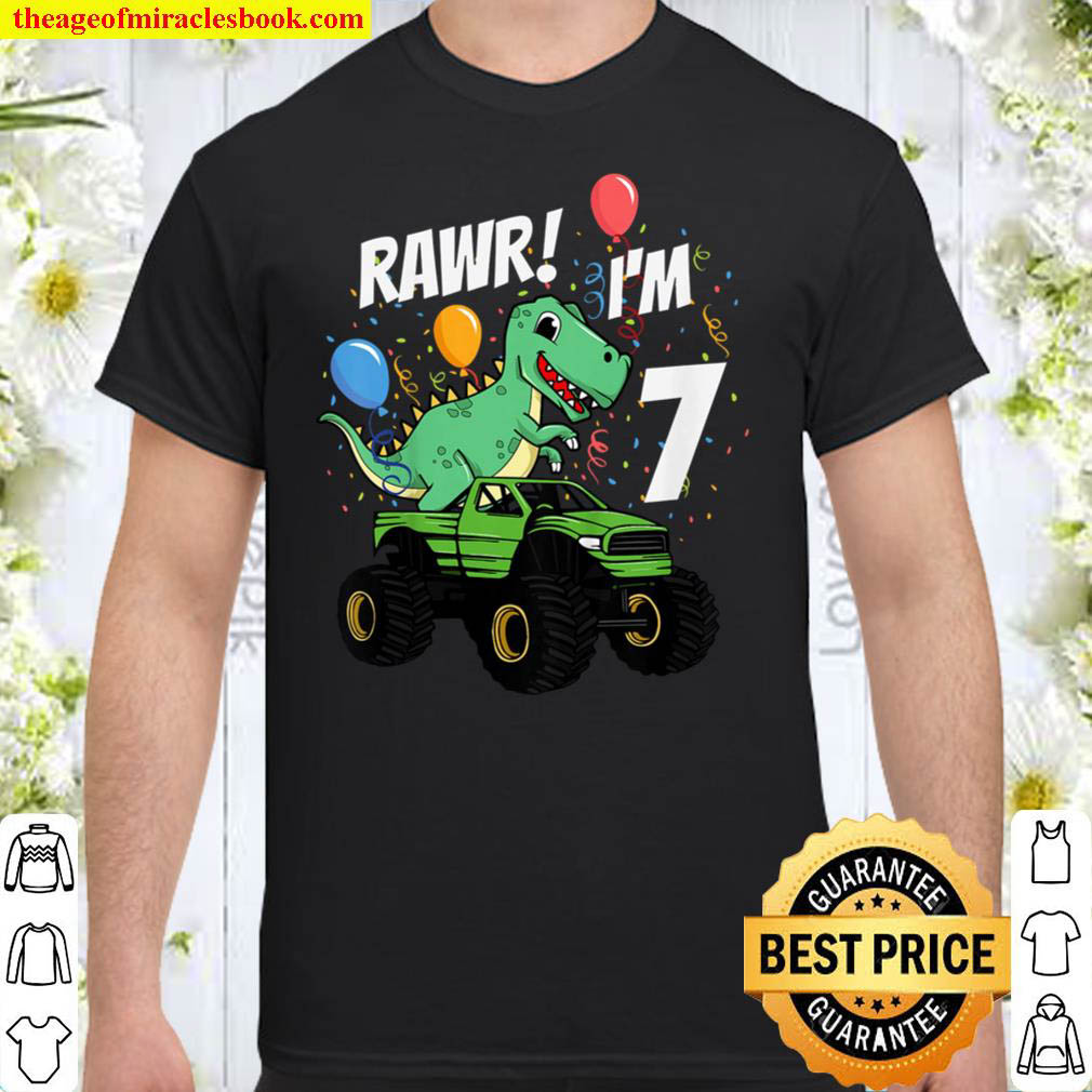 [Sale Off] – Kids 7. Seventh Birthday Dinosaur Dino Riding Monster Truck T-Shirt
