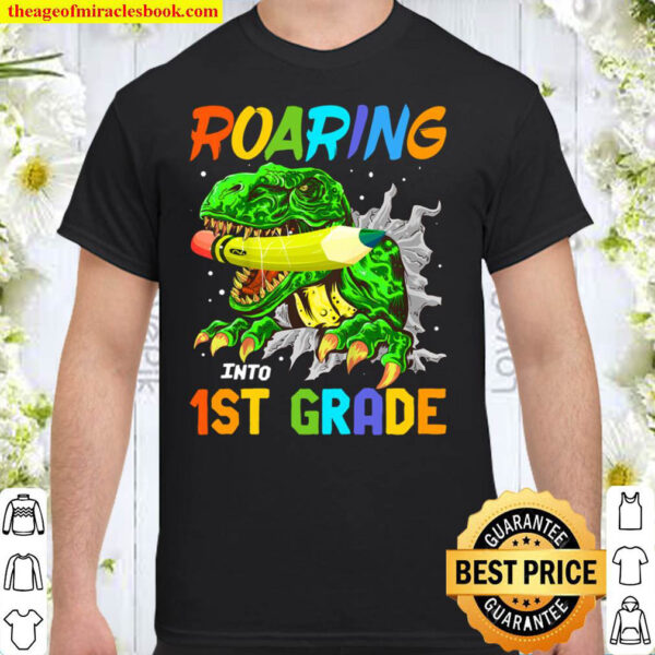 Kids Boys Back To School Roaring Into 1ST Grade Dinosaur Shirt