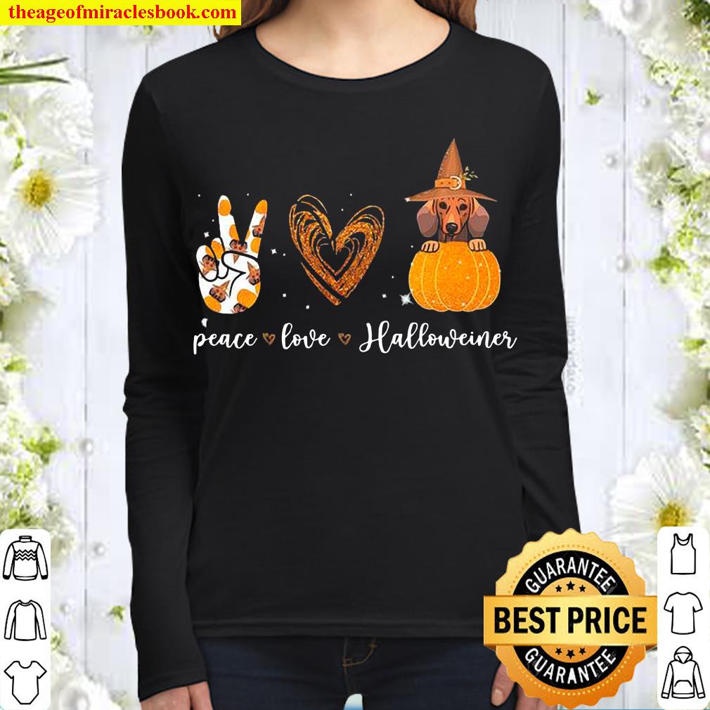 Peace Love Witch Dachshund Halloween Pumpkin Women Long Sleeved