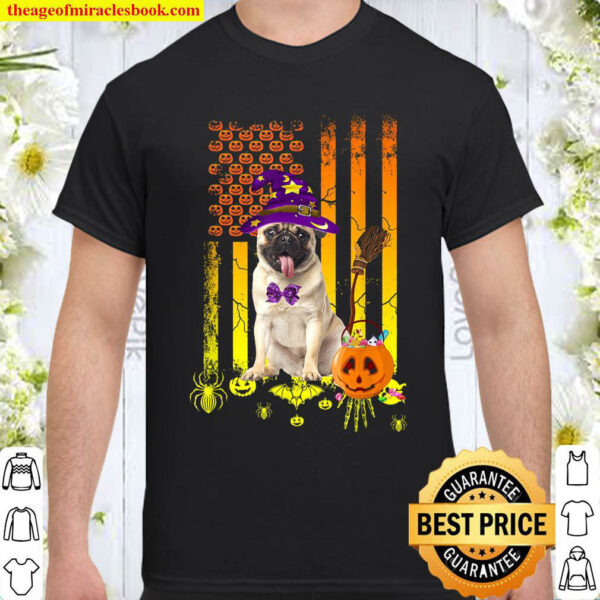 Pug Dog Pumpkin American Flag Halloween Dog Shirt