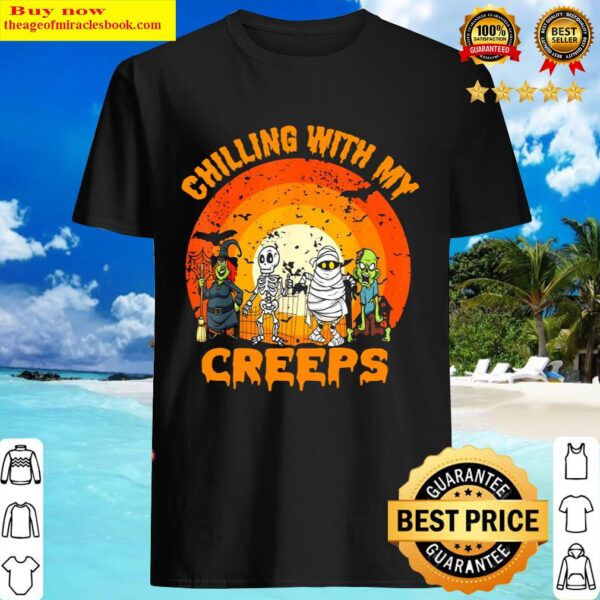 Skeleton Chillin With My Creeps Halloween Humorous Sunset Shirt