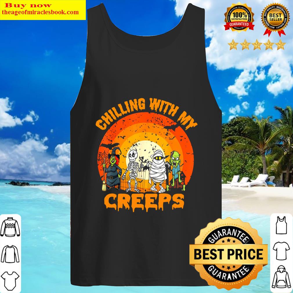 Skeleton Chillin With My Creeps Halloween Humorous Sunset Tank Top