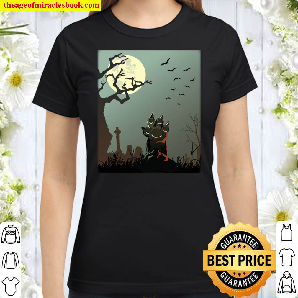 Spooky Cat Grave Zombie Paw Cemetery Halloween Full Moon Classic Women T Shirt 1