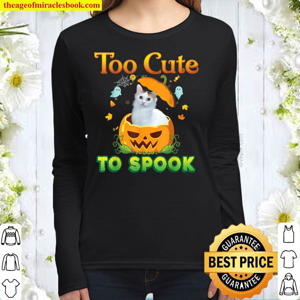 Too Cute To Spook Japanese Bobtail Cat Halloween Pumpkin Women Long Sleeved