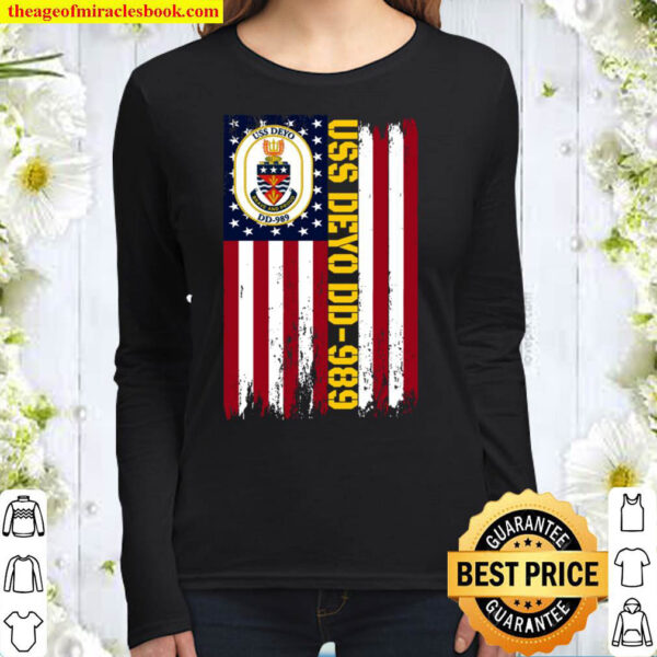 USS Deyo DD 989 Destroyer Class Ship Veterans American Flag Women Long Sleeved