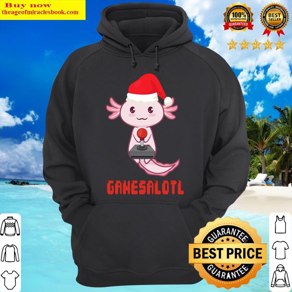 gamesalotl axolotl cute playing arcade game old gamer santa hat hoodie