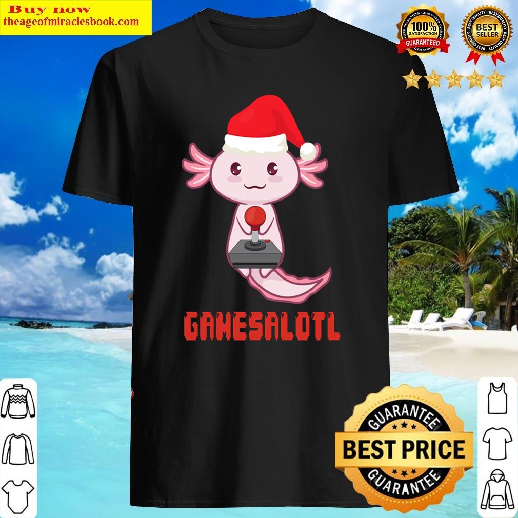 Gamesalotl Axolotl Cute Playing Arcade Game Old Gamer Santa Hat Shirt