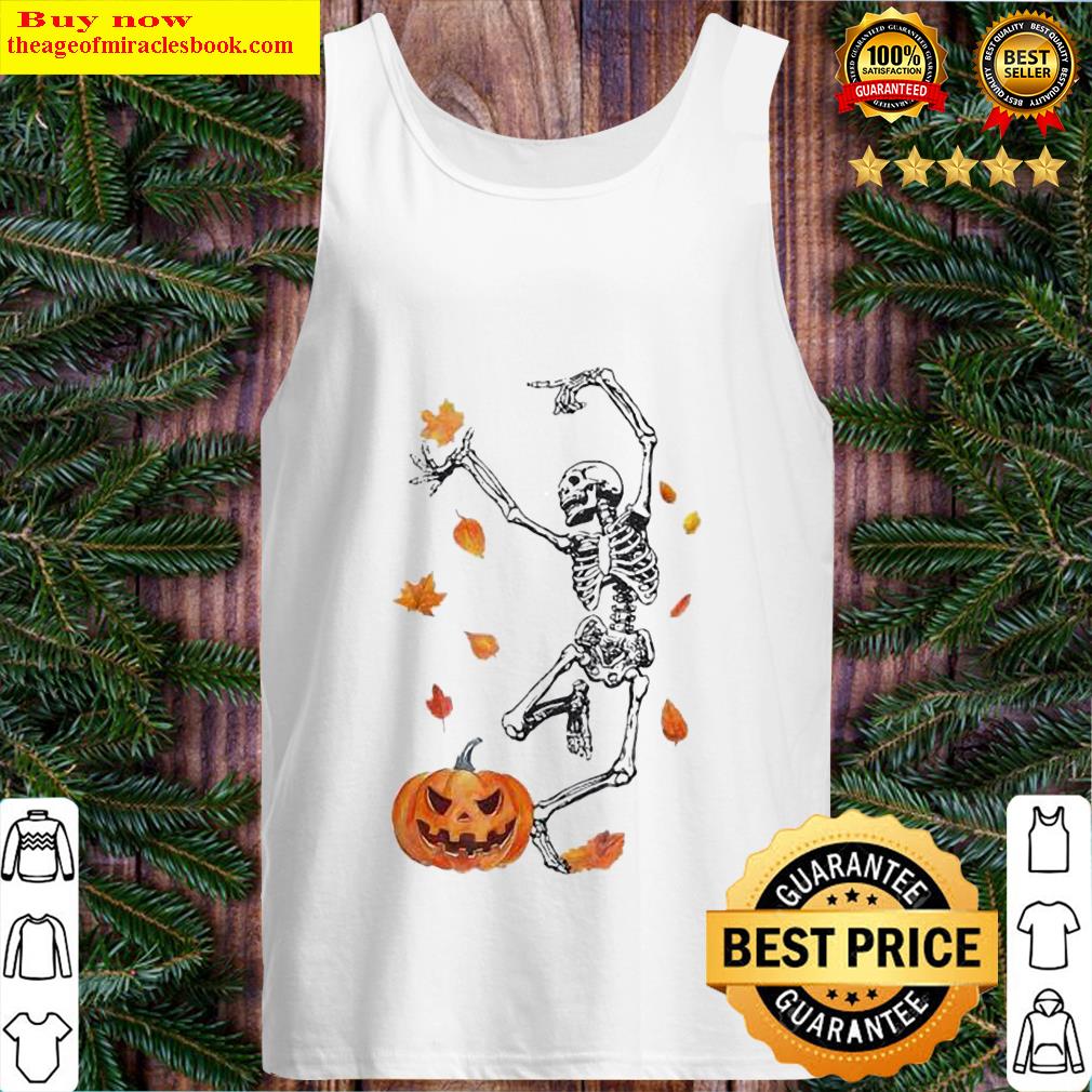 halloween dancing skeleton ballet fall leaves pumpkin funny essential tank top