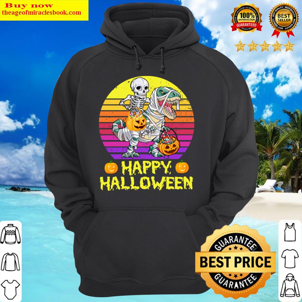 happy halloween skeleton riding mummy dinosaur hoodie