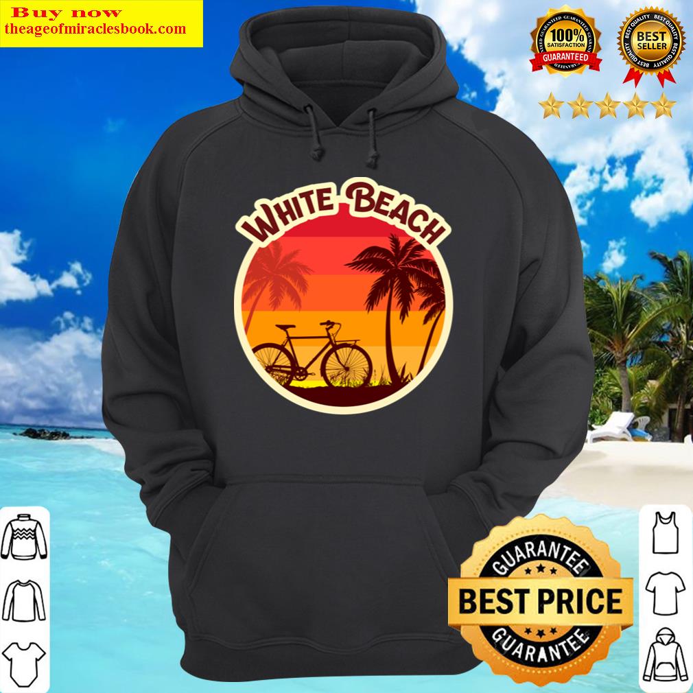 white beach sunshine in a beach with a lonely palm tree and bicycle hoodie