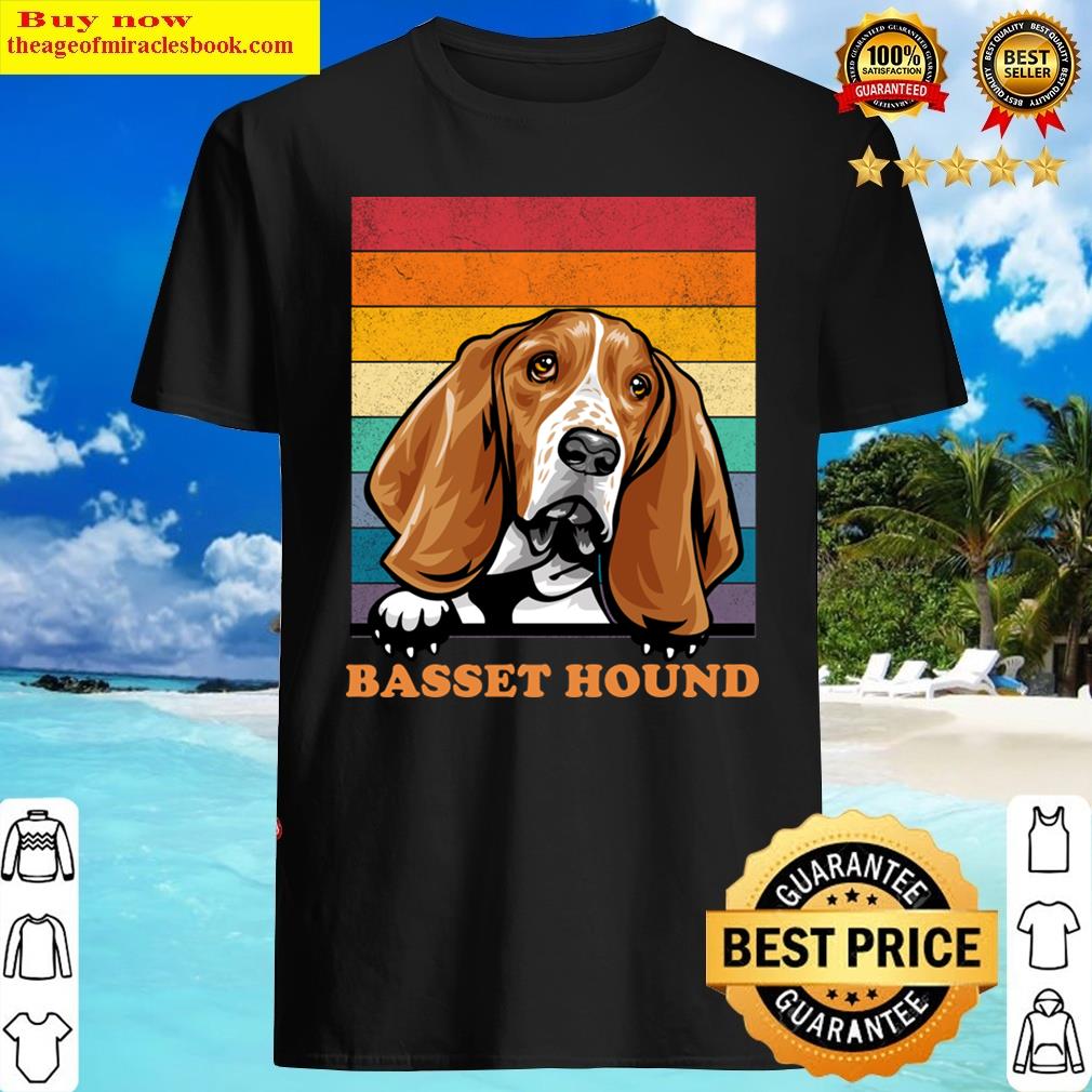 Basset Hound Distressed Retro Sunset Dog Face Design. Shirt