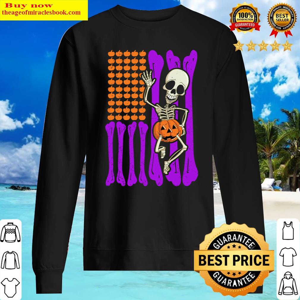 Bones Pumpkins Us American Flag Skeleton Halloween Costume Long Sleeve Shirt Sweater