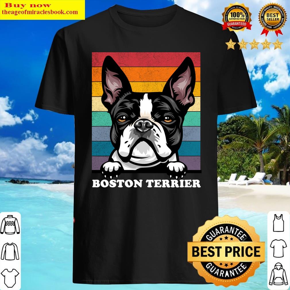 Boston Terrier Distressed Retro Sunset Dog Face Design Shirt