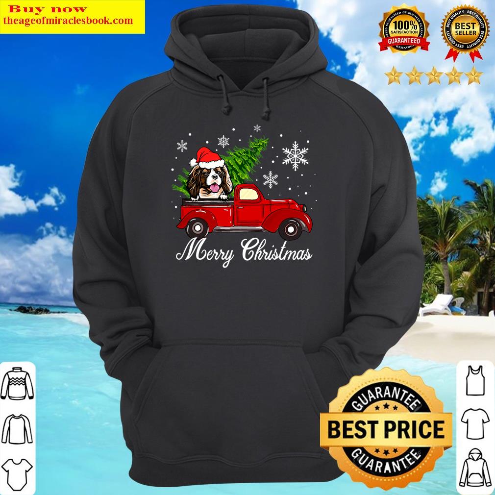 cavalier king charles spaniel dog riding red truck christmas hoodie