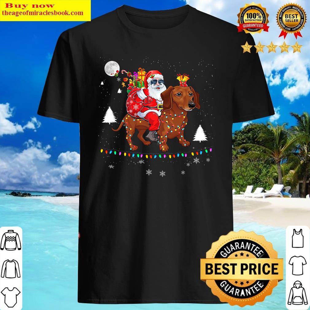 Christmas Santa Claus Riding Dachshund Lights Xmas Holiday Shirt