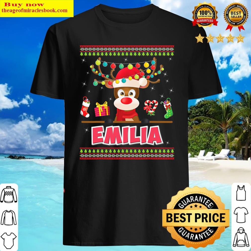 Cute Reindeer Emilia Merry Christmas Light Santa Hat Shirt