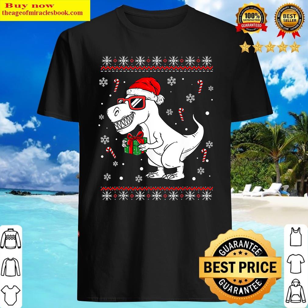Funny Xmas Lighting Santa Hat Ugly T-rex Dinosaurs Christmas Shirt