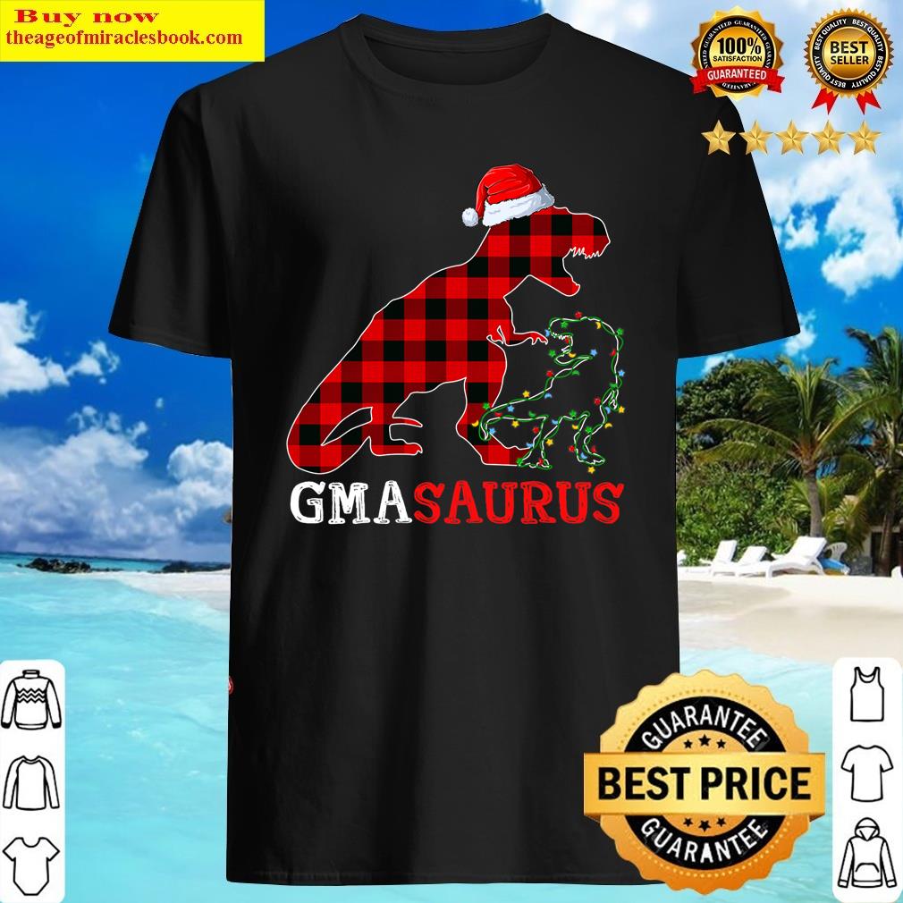 Red Plaid Gma Dinosaur & Kid Christmas Light Santa Hat Shirt